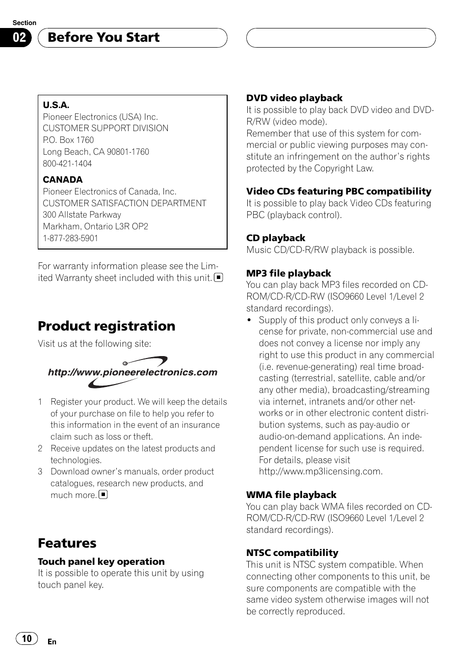 Product registration, Features, Before you start | Pioneer AVH-P6800DVD User Manual | Page 10 / 133