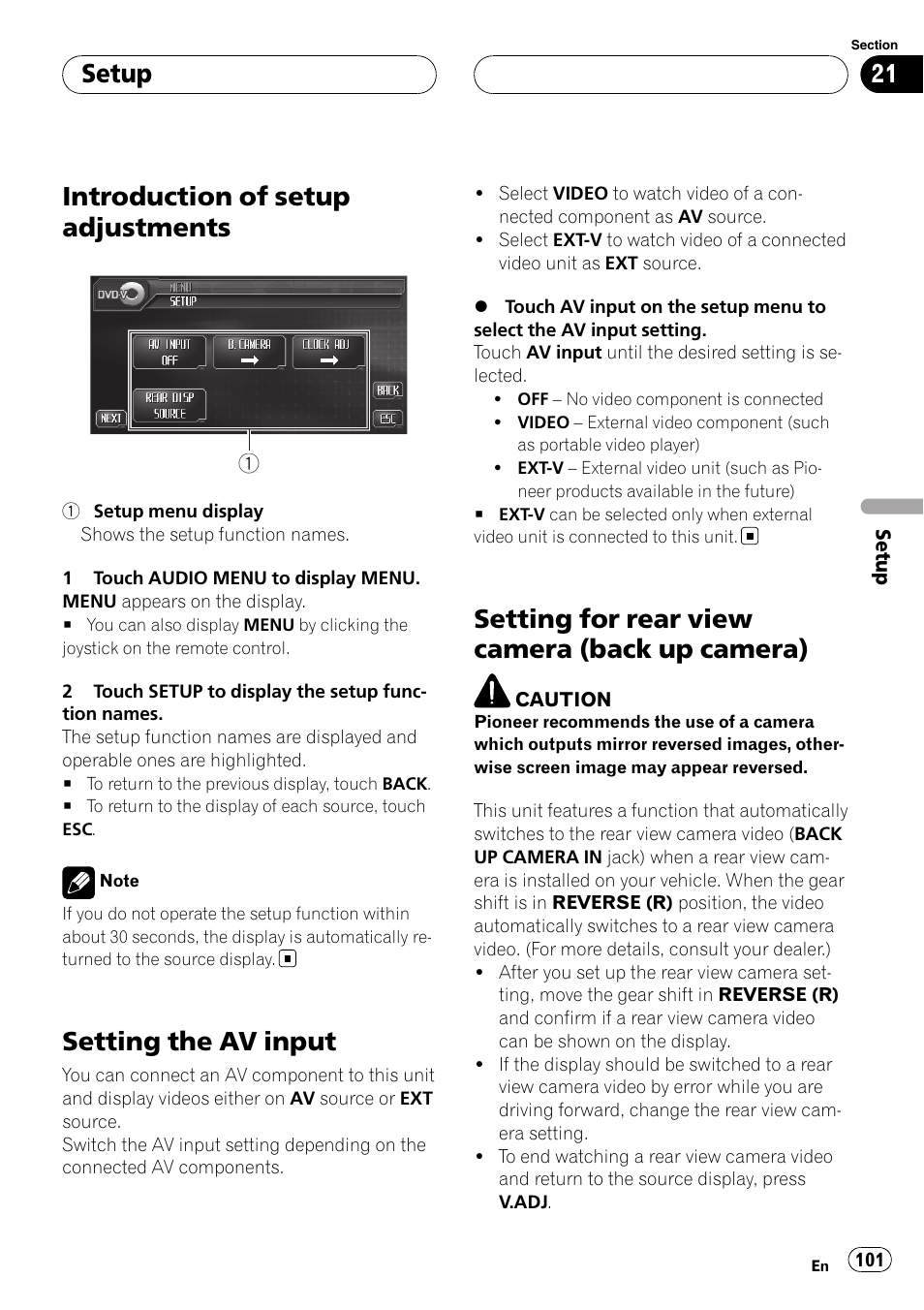 Setup introduction of setup adjustments, Setting the av input, Setting for rear view camera (back up | Camera), Introduction of setup adjustments, Setting for rear view camera (back up camera), Setup | Pioneer AVH-P6800DVD User Manual | Page 101 / 133