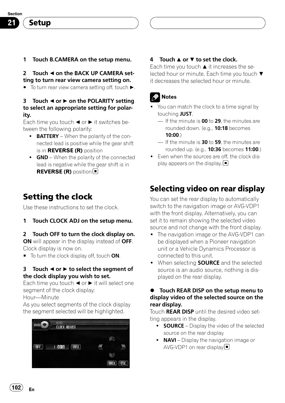 Setting the clock, Selecting video on rear display, Setup | Pioneer AVH-P6800DVD User Manual | Page 102 / 133
