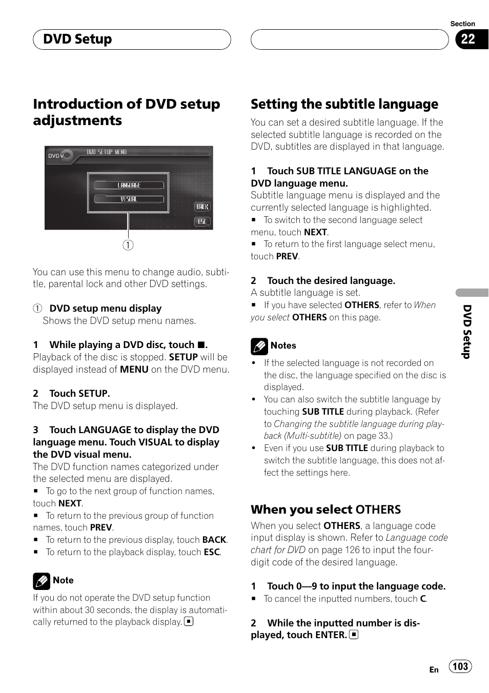 Dvd setup introduction of dvd setup adjustments, Setting the subtitle language, Introduction of dvd setup adjustments | Dvd setup, When you select others | Pioneer AVH-P6800DVD User Manual | Page 103 / 133