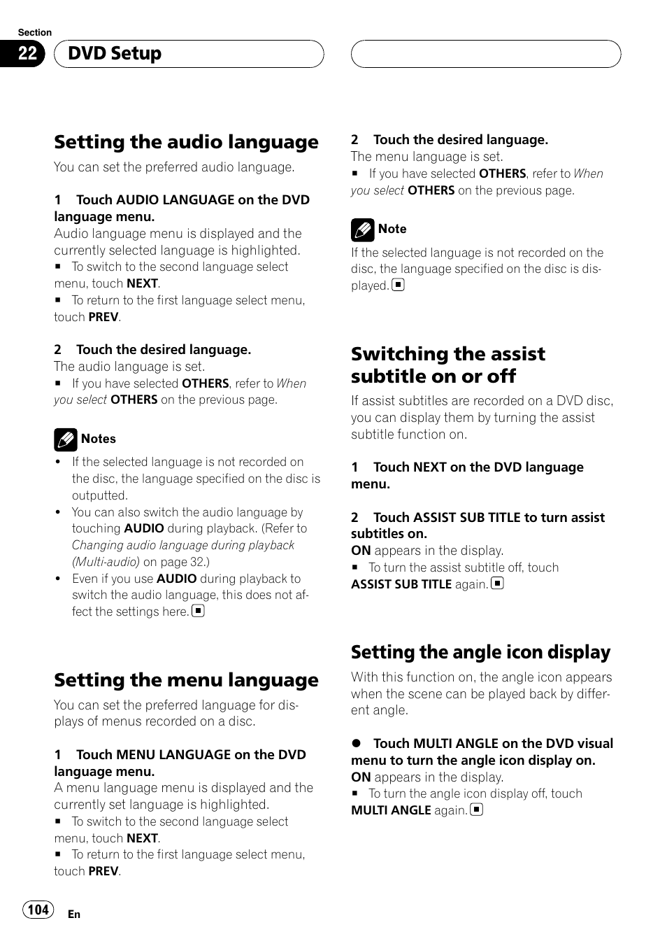 Setting the audio language, Setting the menu language, Switching the assist subtitle on or off | Setting the angle icon display, Dvd setup | Pioneer AVH-P6800DVD User Manual | Page 104 / 133