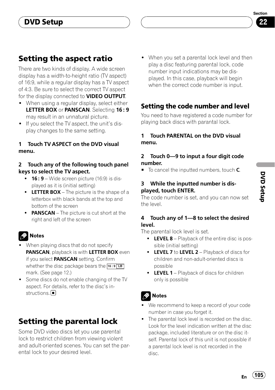 Setting the aspect ratio, Setting the parental lock, Dvd setup | Setting the code number and level | Pioneer AVH-P6800DVD User Manual | Page 105 / 133