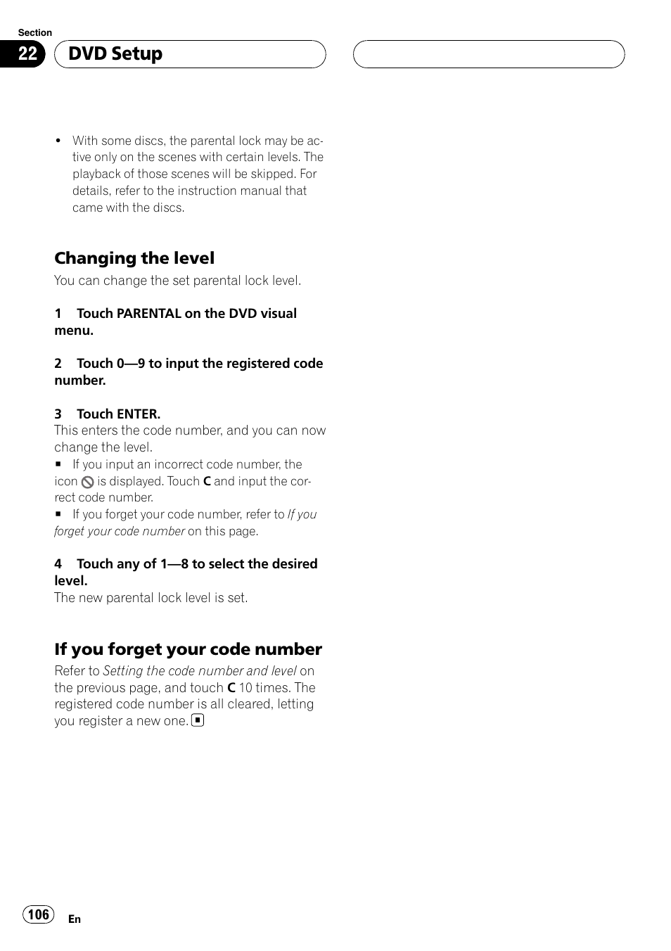 Dvd setup, Changing the level, If you forget your code number | Pioneer AVH-P6800DVD User Manual | Page 106 / 133