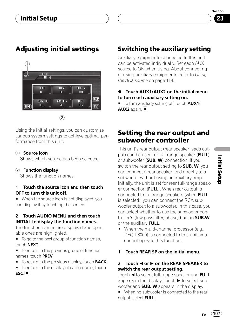 Initial setup adjusting initial settings, Switching the auxiliary setting, Setting the rear output and subwoofer | Controller, Setting the rear, Adjusting initial settings, Setting the rear output and subwoofer controller, Initial setup | Pioneer AVH-P6800DVD User Manual | Page 107 / 133