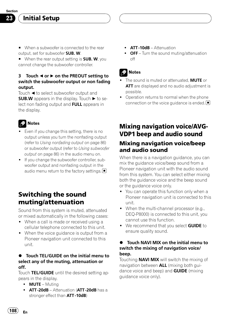 Switching the sound muting, Attenuation, Mixing navigation voice/avg-vdp1 beep and | Audio sound, Switching the sound muting/attenuation, Initial setup, Mixing navigation voice/beep and audio sound | Pioneer AVH-P6800DVD User Manual | Page 108 / 133