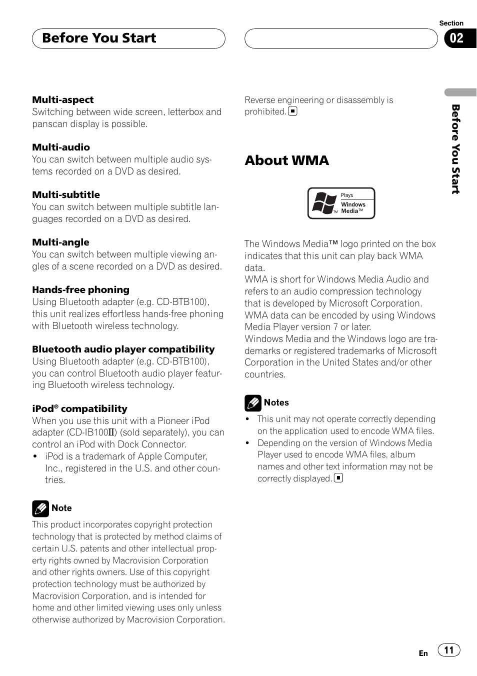 About wma, Before you start | Pioneer AVH-P6800DVD User Manual | Page 11 / 133