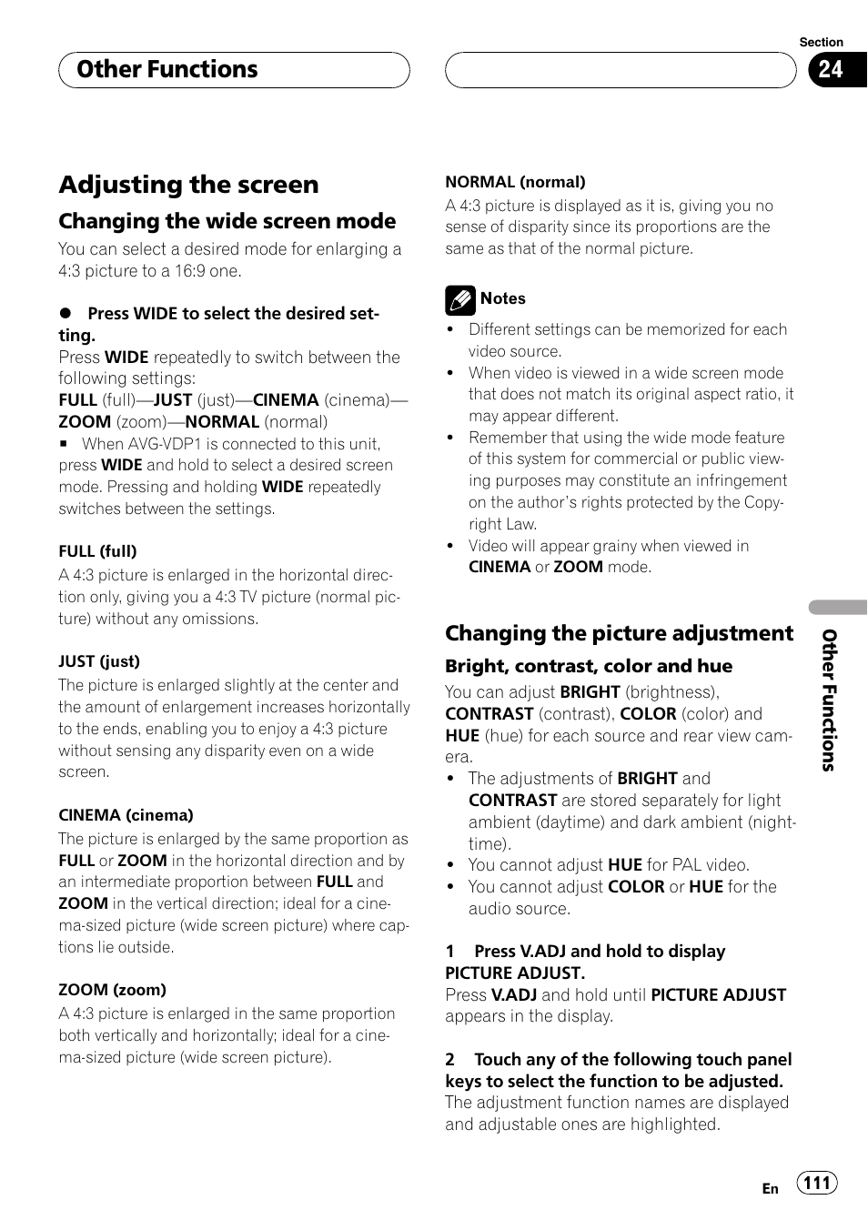 Other functions adjusting the screen, Adjusting the screen, Other functions | Changing the wide screen mode, Changing the picture adjustment | Pioneer AVH-P6800DVD User Manual | Page 111 / 133