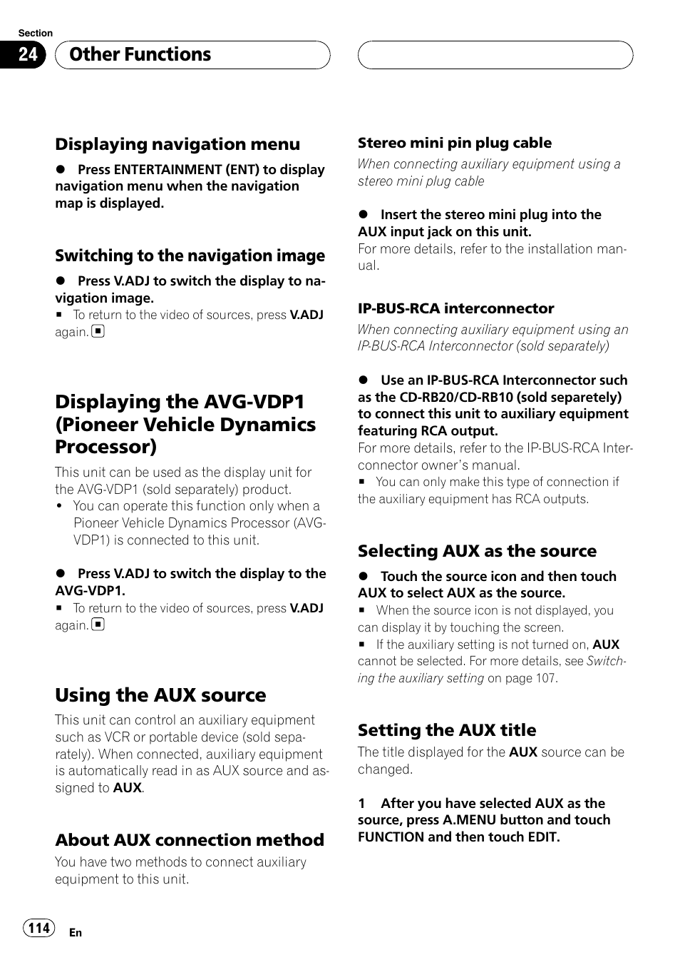 Displaying the avg-vdp1 (pioneer vehicle, Dynamics processor), Using the aux source | Other functions | Pioneer AVH-P6800DVD User Manual | Page 114 / 133