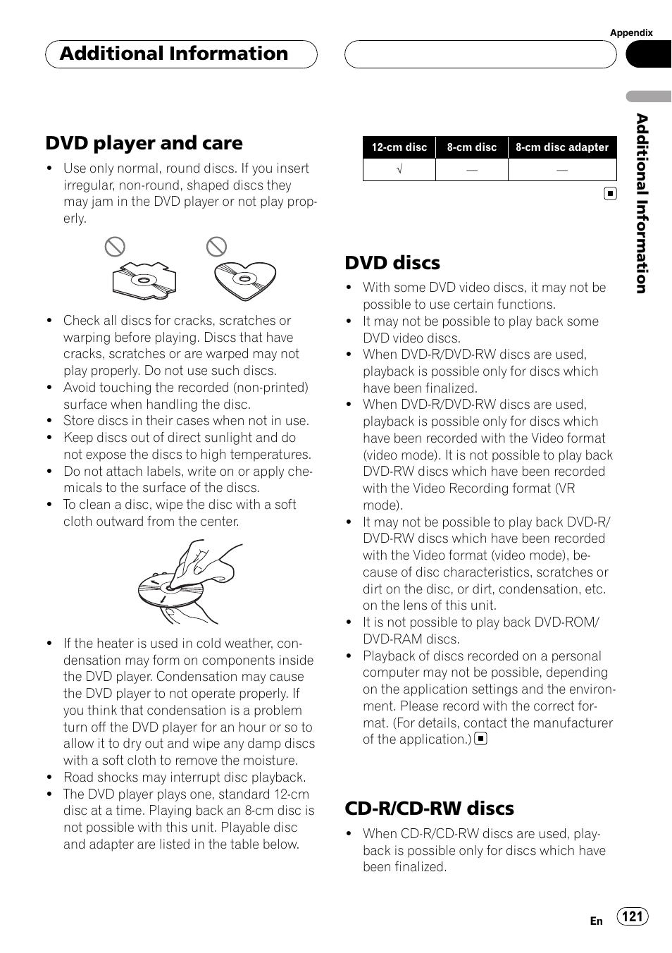 Dvd player and care, Dvd discs, Cd-r/cd-rw discs | Additional information | Pioneer AVH-P6800DVD User Manual | Page 121 / 133