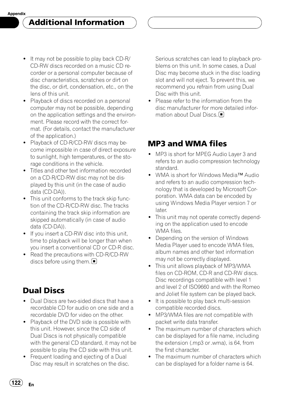 Dual discs, Mp3 and wma files, Additional information | Pioneer AVH-P6800DVD User Manual | Page 122 / 133