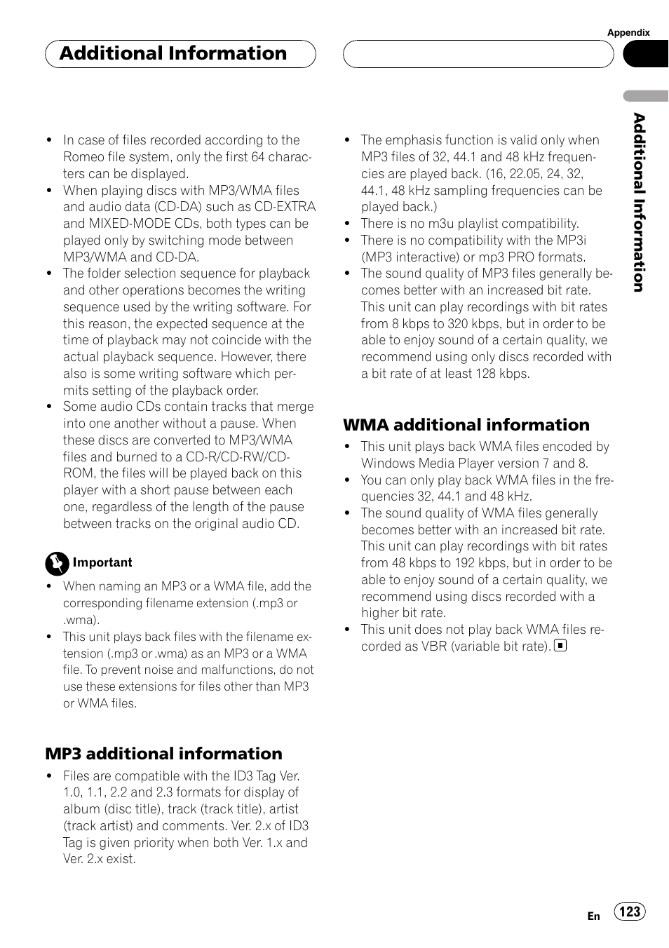 Additional information, Mp3 additional information, Wma additional information | Pioneer AVH-P6800DVD User Manual | Page 123 / 133