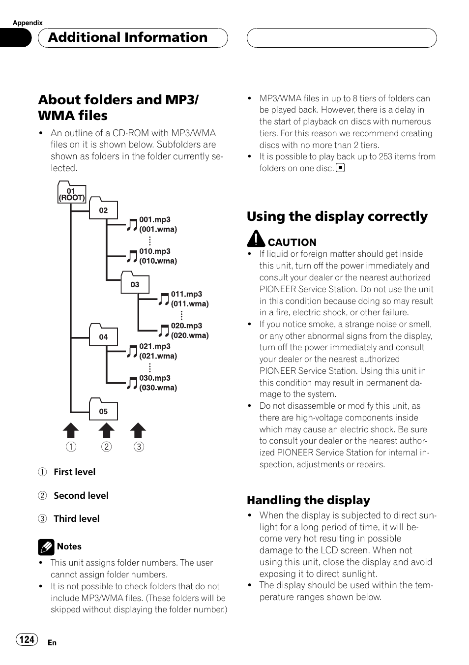 About folders and mp3/wma files, Using the display correctly, About folders and mp3/ wma files | Additional information, Handling the display | Pioneer AVH-P6800DVD User Manual | Page 124 / 133