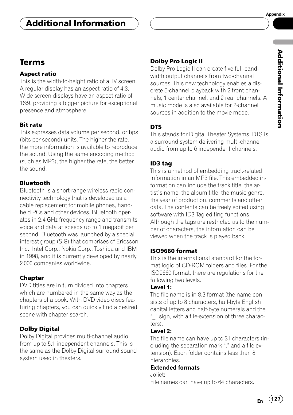 Terms, Additional information | Pioneer AVH-P6800DVD User Manual | Page 127 / 133