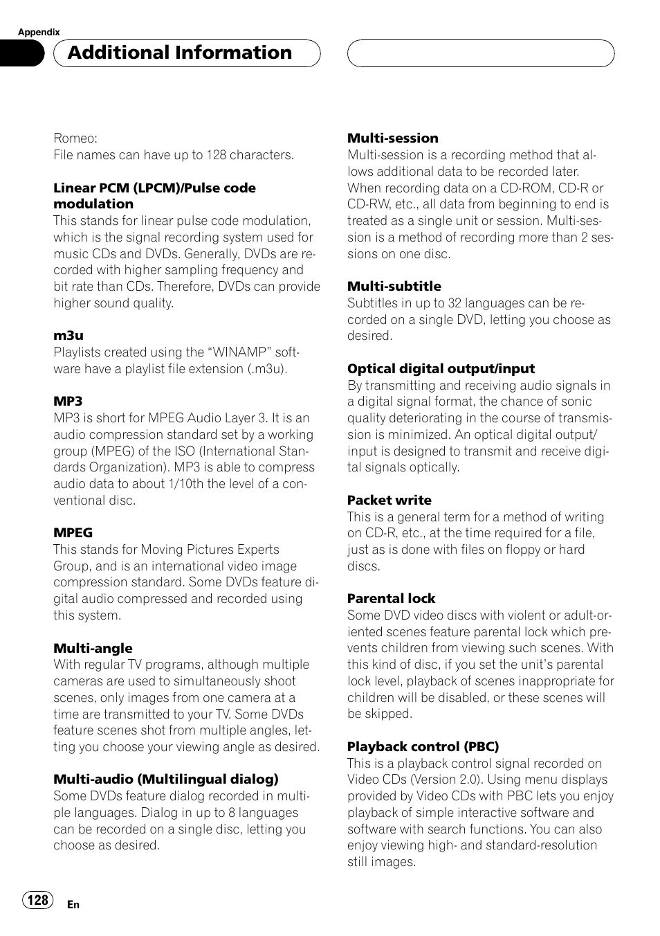 Additional information | Pioneer AVH-P6800DVD User Manual | Page 128 / 133