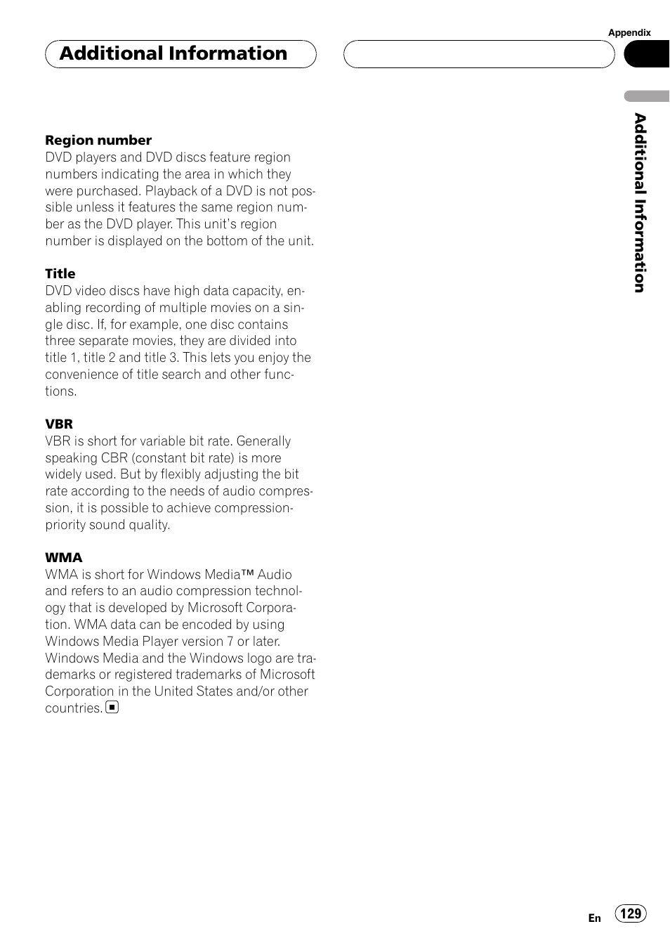Additional information | Pioneer AVH-P6800DVD User Manual | Page 129 / 133