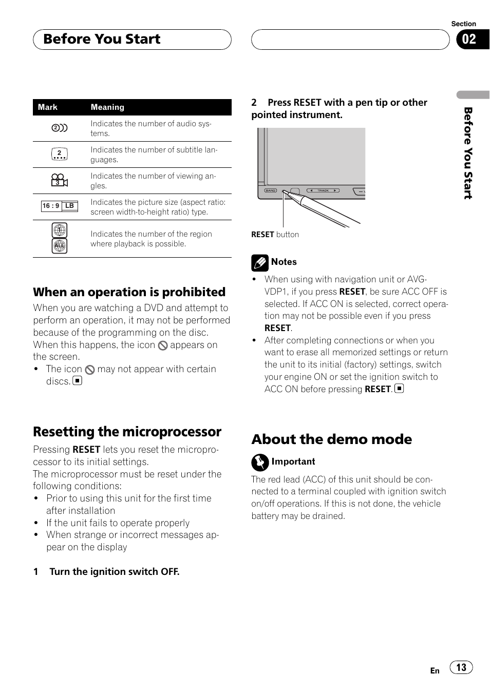 When an operation is prohibited 13, Resetting the microprocessor, About the demo mode | Before you start, When an operation is prohibited | Pioneer AVH-P6800DVD User Manual | Page 13 / 133