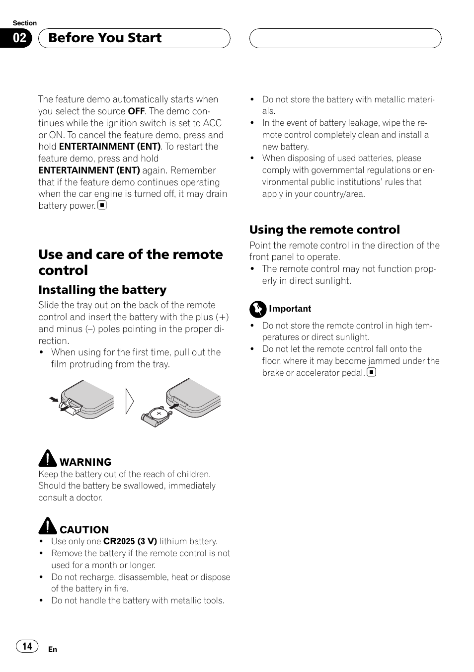 Use and care of the remote control, Before you start, Installing the battery | Using the remote control | Pioneer AVH-P6800DVD User Manual | Page 14 / 133