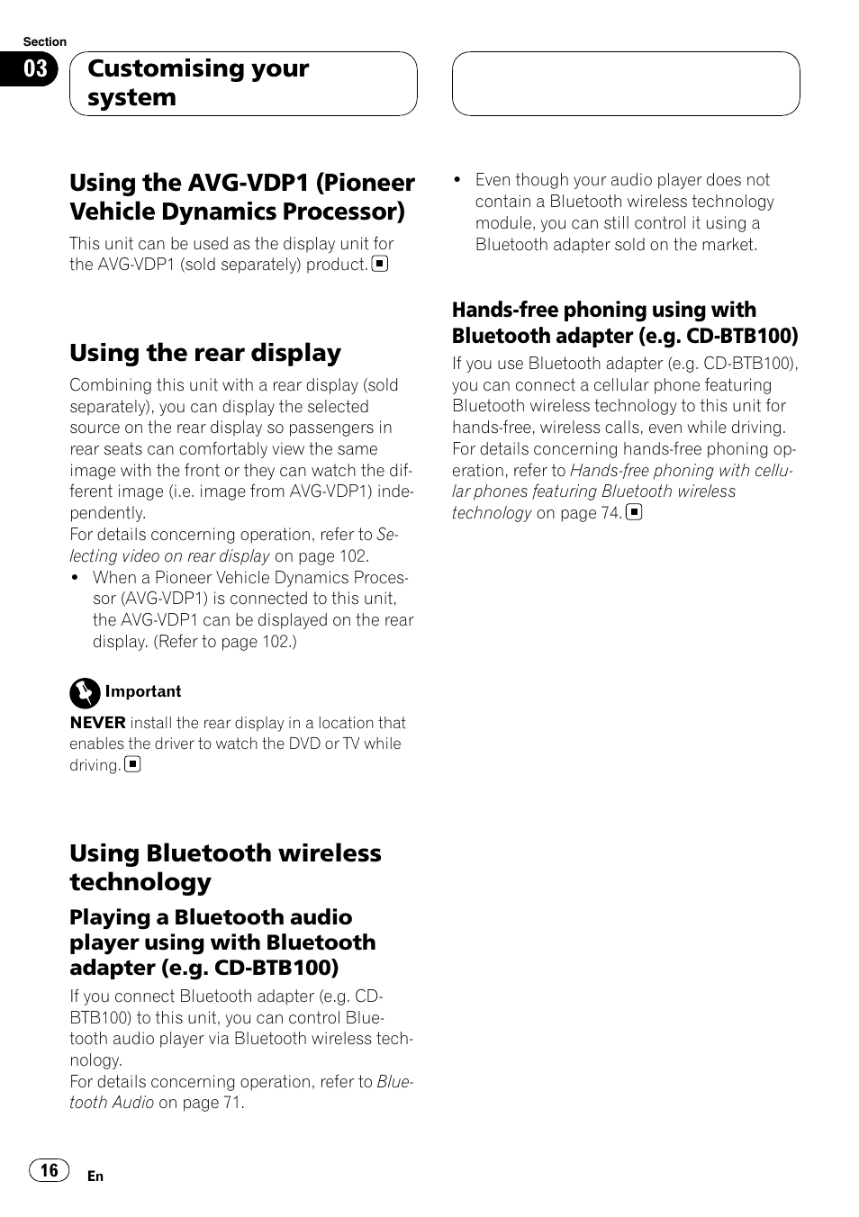 Using the avg-vdp1 (pioneer vehicle, Dynamics processor), Using the rear display | Using bluetooth wireless technology, Customising your system | Pioneer AVH-P6800DVD User Manual | Page 16 / 133