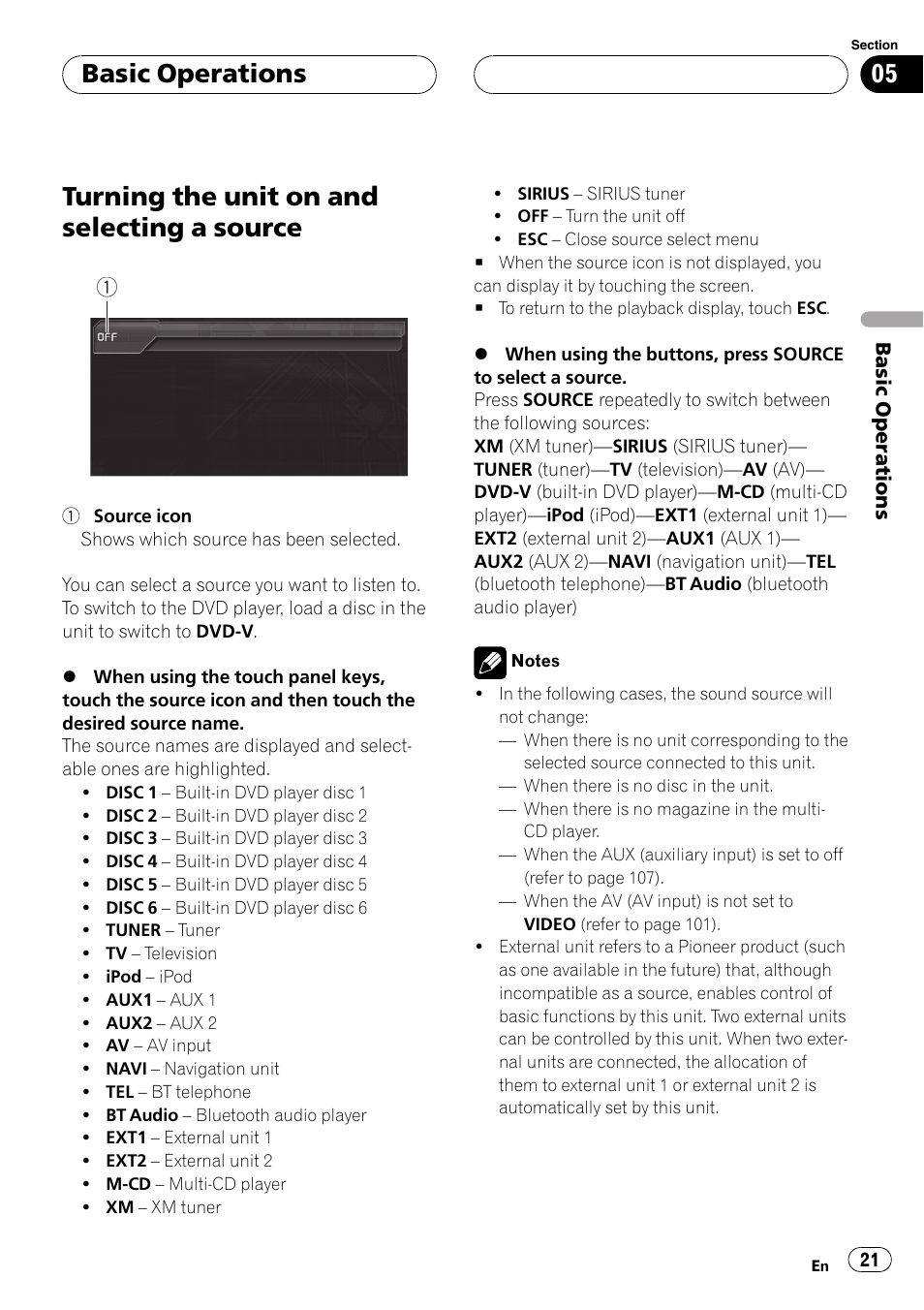 Source, Turning the unit on and selecting a source, Basic operations | Pioneer AVH-P6800DVD User Manual | Page 21 / 133