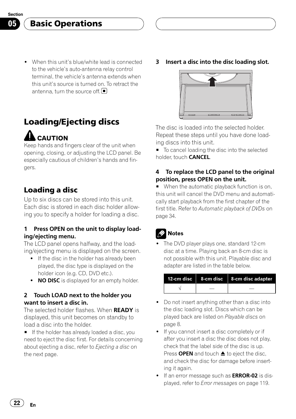 Loading/ejecting discs, Basic operations, Loading a disc | Pioneer AVH-P6800DVD User Manual | Page 22 / 133