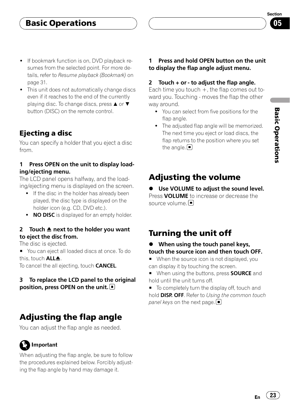 Adjusting the flap angle, Adjusting the volume, Turning the unit off | Basic operations, Ejecting a disc | Pioneer AVH-P6800DVD User Manual | Page 23 / 133