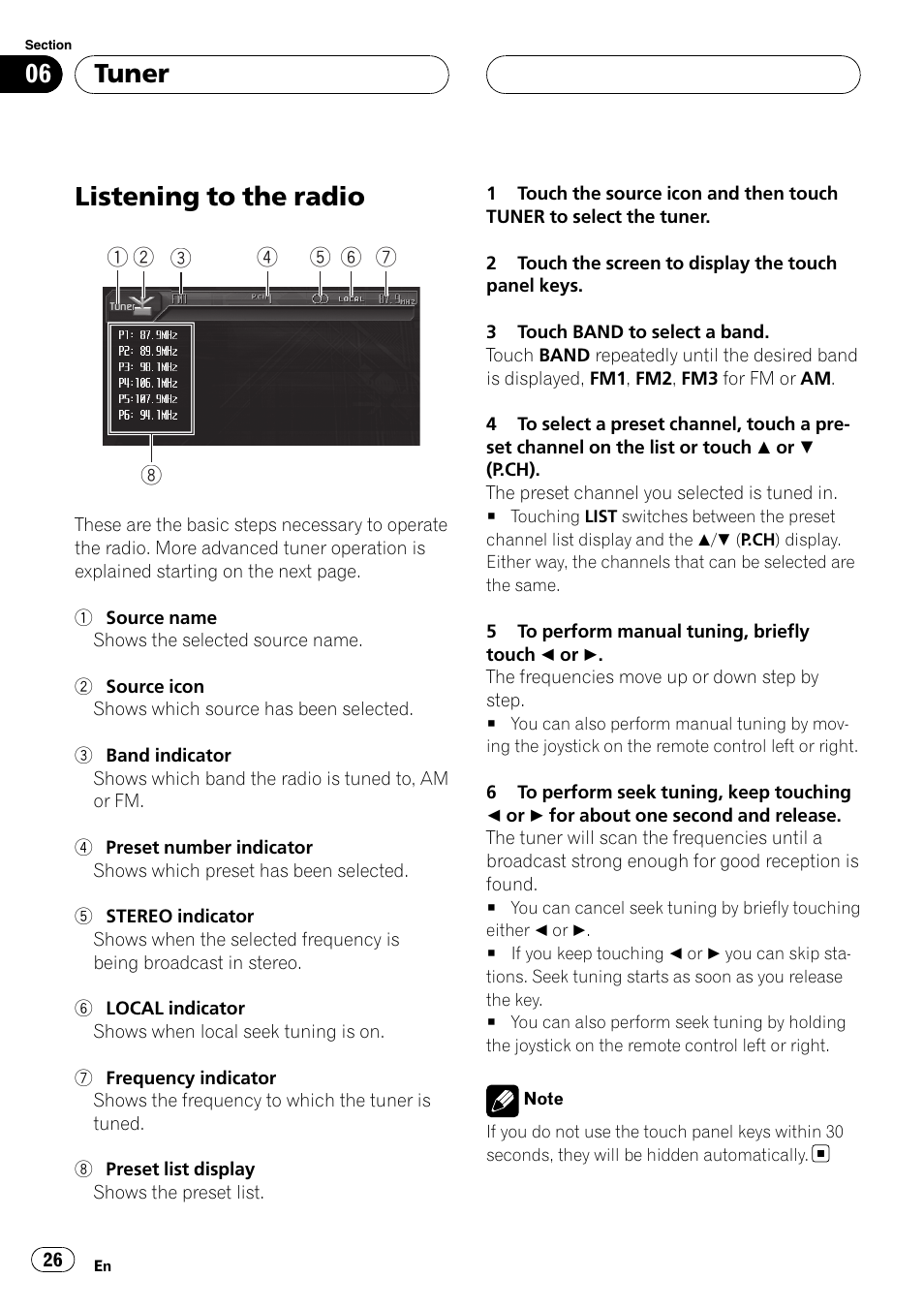 Tuner listening to the radio, Listening to the radio, Tuner | Pioneer AVH-P6800DVD User Manual | Page 26 / 133