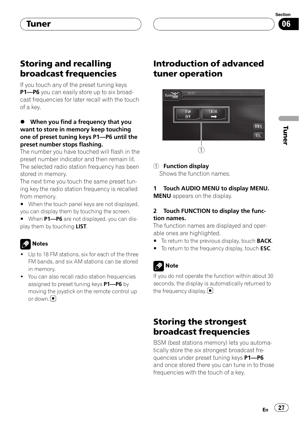 Storing and recalling broadcast, Frequencies, Introduction of advanced tuner | Operation, Storing the strongest broadcast, Storing and recalling broadcast frequencies, Introduction of advanced tuner operation, Storing the strongest broadcast frequencies, Tuner | Pioneer AVH-P6800DVD User Manual | Page 27 / 133