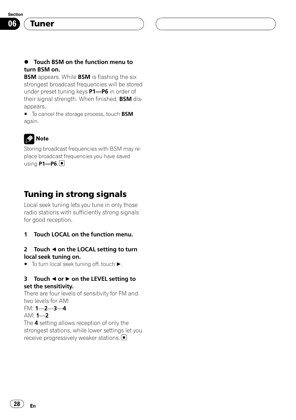 Tuning in strong signals, Tuner | Pioneer AVH-P6800DVD User Manual | Page 28 / 133