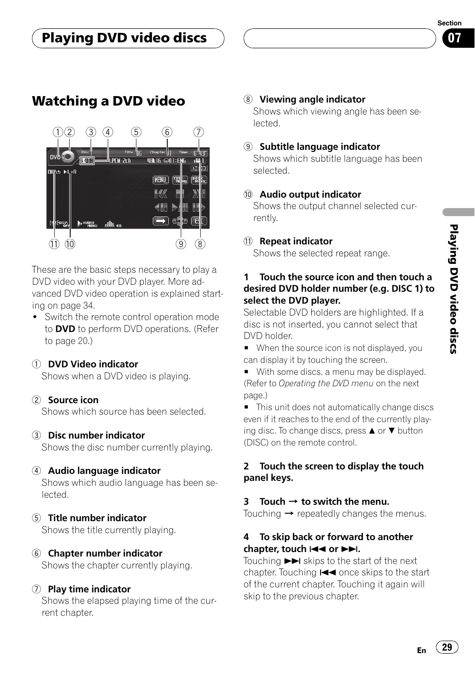 Playing dvd video discs watching a dvd video, Watching a dvd video, Playing dvd video discs | Pioneer AVH-P6800DVD User Manual | Page 29 / 133