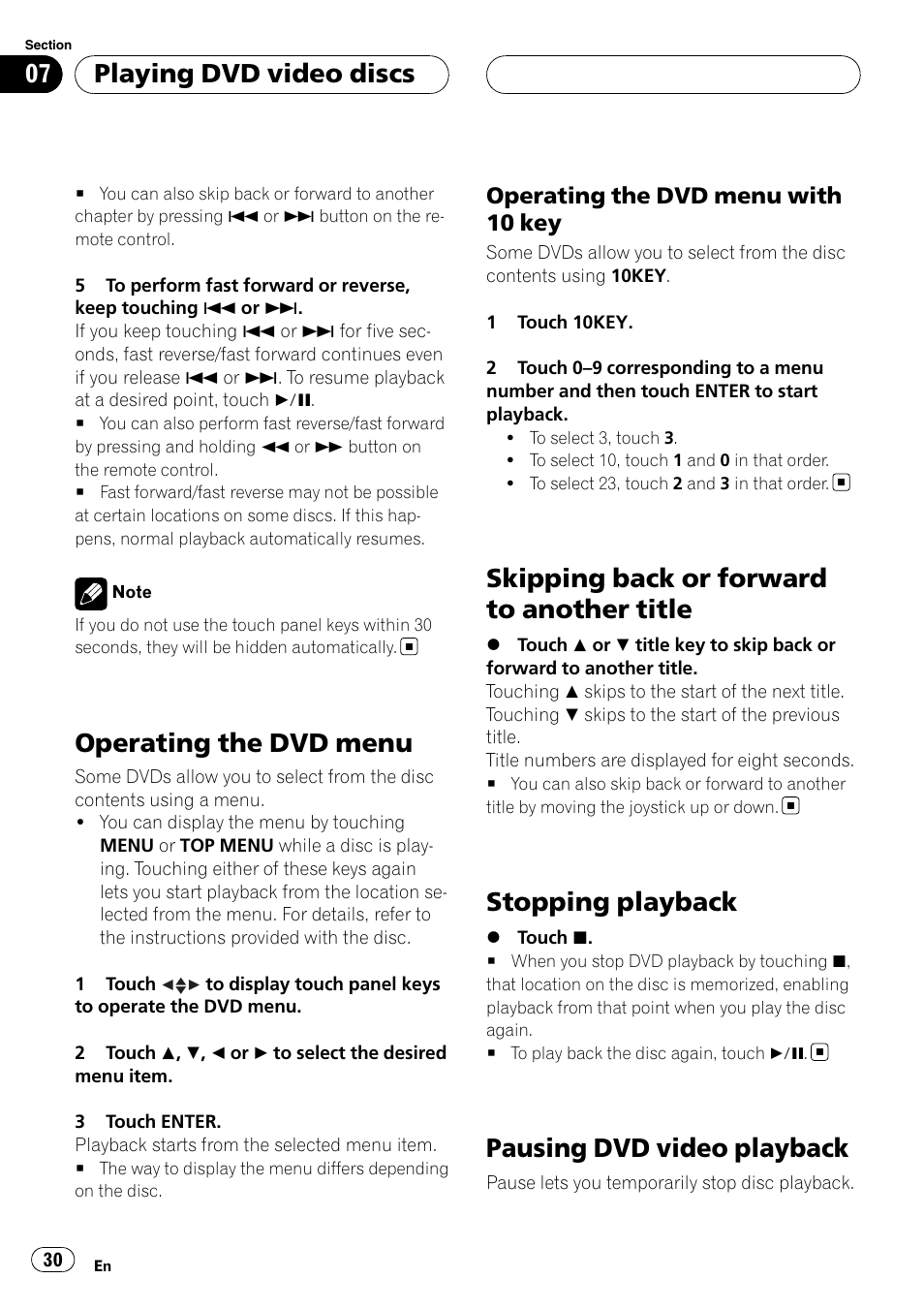 Operating the dvd menu, Skipping back or forward to another title, Stopping playback | Pausing dvd video playback, Playing dvd video discs | Pioneer AVH-P6800DVD User Manual | Page 30 / 133