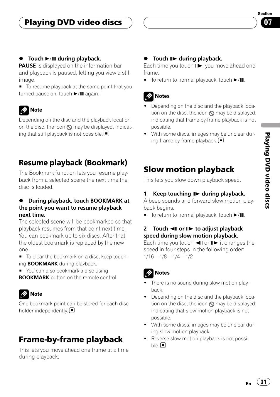 Resume playback (bookmark), Frame-by-frame playback, Slow motion playback | Playing dvd video discs | Pioneer AVH-P6800DVD User Manual | Page 31 / 133