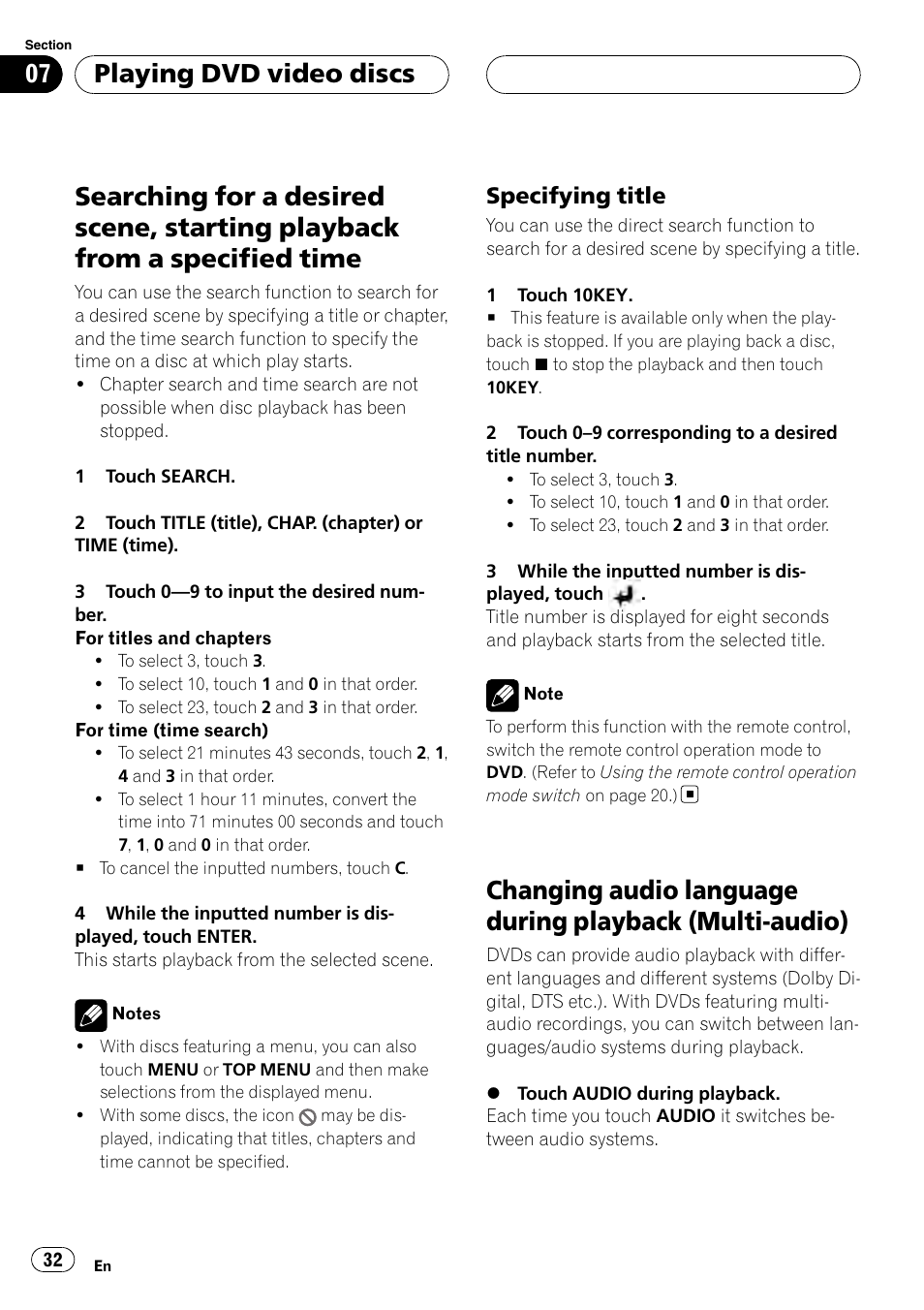 Searching for a desired scene, starting, Playback from a specified time, Changing audio language during playback | Multi-audio), Playing dvd video discs, Specifying title | Pioneer AVH-P6800DVD User Manual | Page 32 / 133