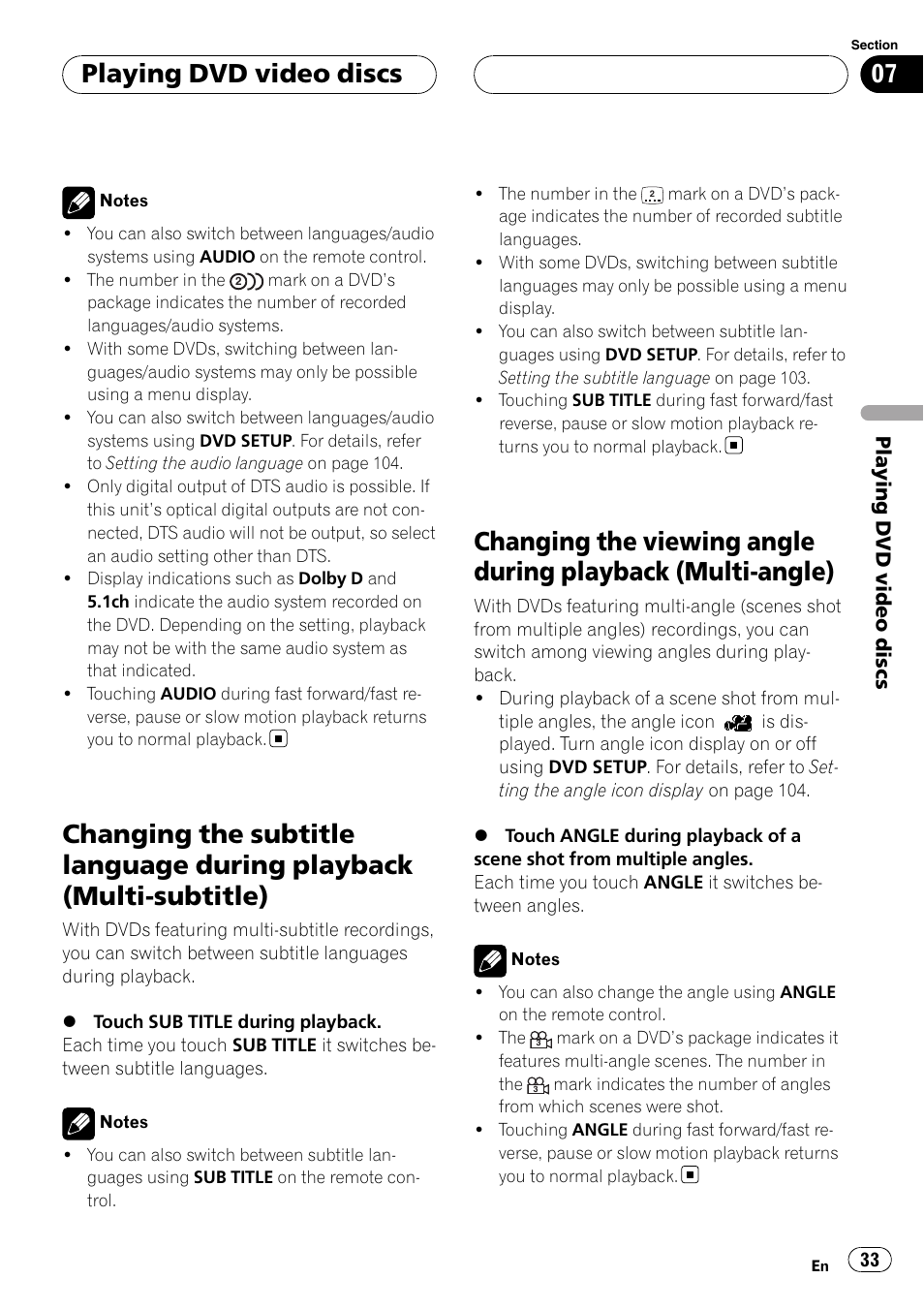 Changing the subtitle language during, Playback (multi-subtitle), Changing the viewing angle during playback | Multi-angle), Playing dvd video discs | Pioneer AVH-P6800DVD User Manual | Page 33 / 133