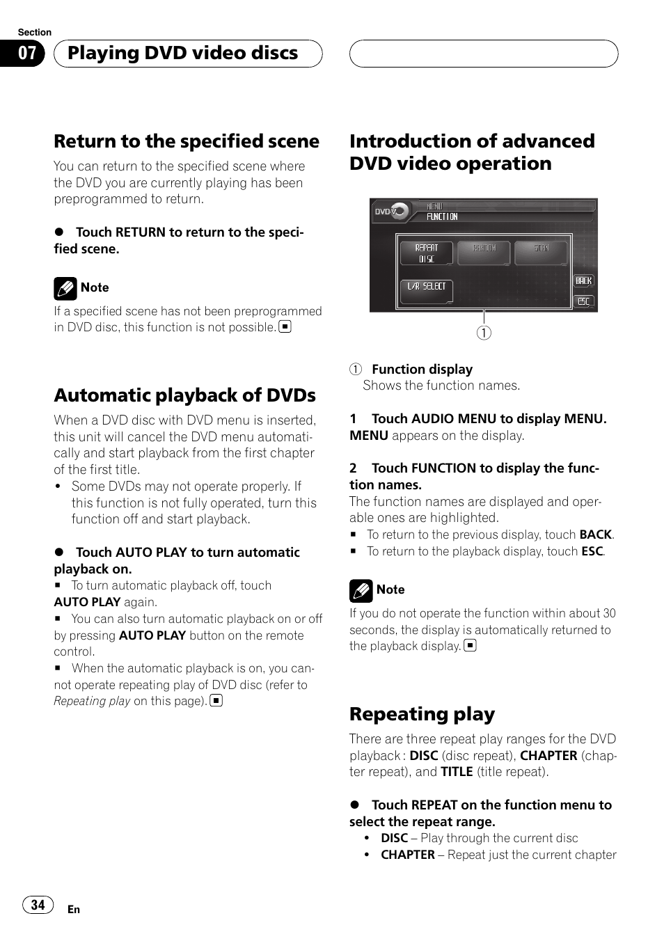 Return to the specified scene, Automatic playback of dvds, Introduction of advanced dvd video | Operation, Repeating play, Introduction of advanced dvd video operation, Playing dvd video discs | Pioneer AVH-P6800DVD User Manual | Page 34 / 133
