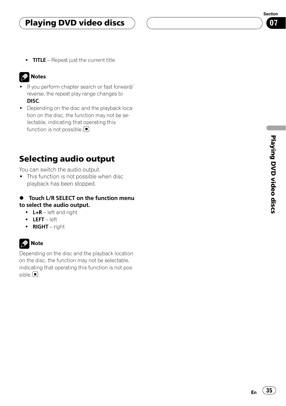 Selecting audio output, Playing dvd video discs | Pioneer AVH-P6800DVD User Manual | Page 35 / 133