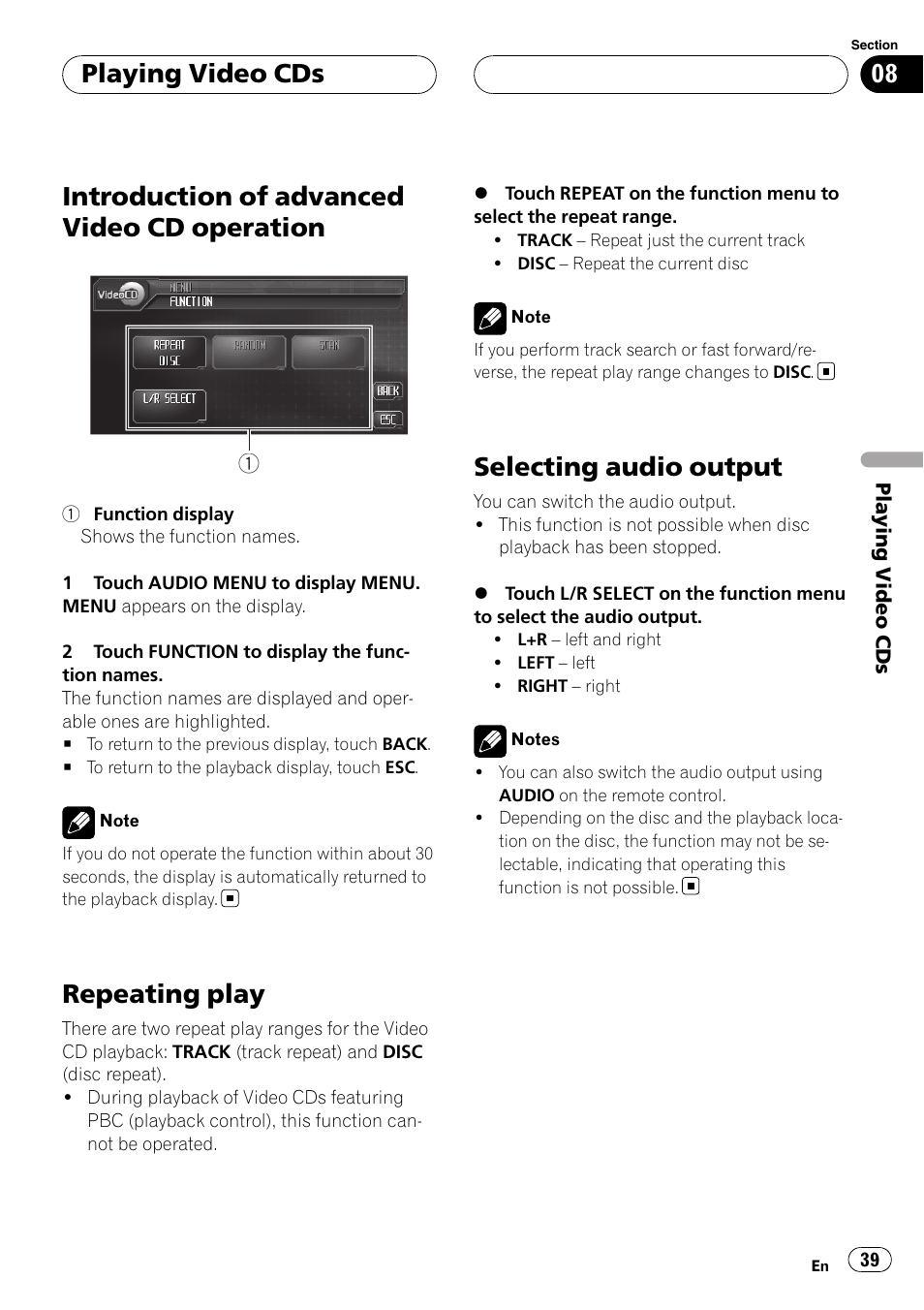 Introduction of advanced video cd, Operation, Repeating play | Selecting audio output, Introduction of advanced video cd operation, Playing video cds | Pioneer AVH-P6800DVD User Manual | Page 39 / 133