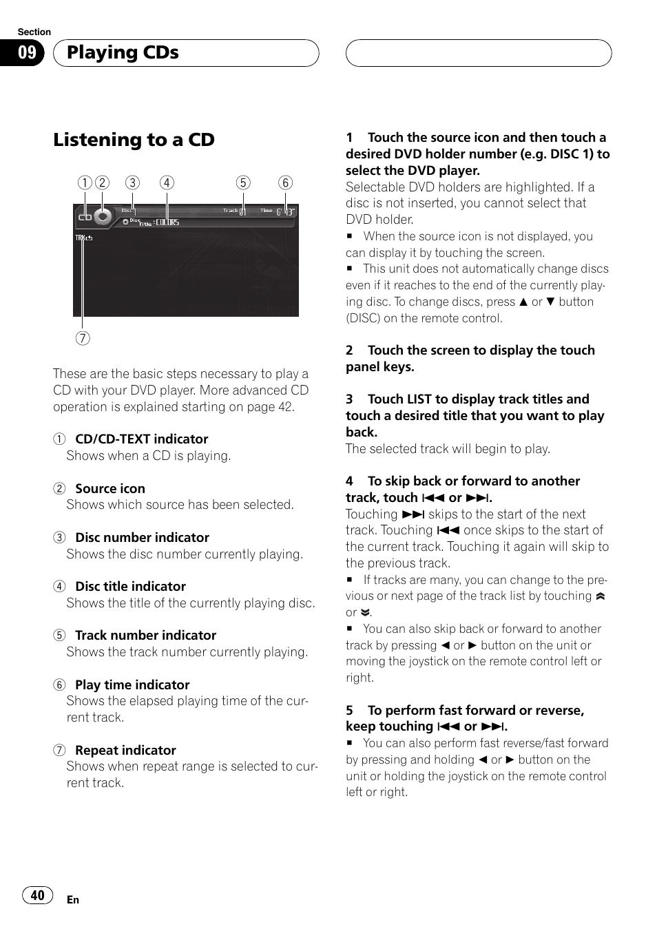 Playing cds listening to a cd, Listening to a cd, Playing cds | Pioneer AVH-P6800DVD User Manual | Page 40 / 133