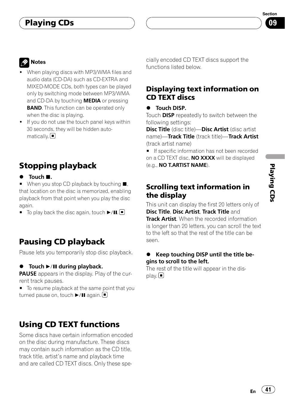 Stopping playback, Pausing cd playback, Using cd text functions | Playing cds | Pioneer AVH-P6800DVD User Manual | Page 41 / 133