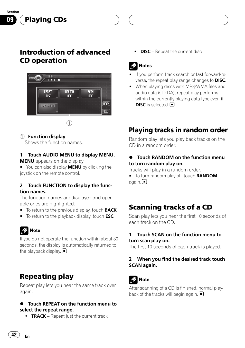 Introduction of advanced cd operation, Repeating play, Playing tracks in random order | Scanning tracks of a cd, Playing cds | Pioneer AVH-P6800DVD User Manual | Page 42 / 133