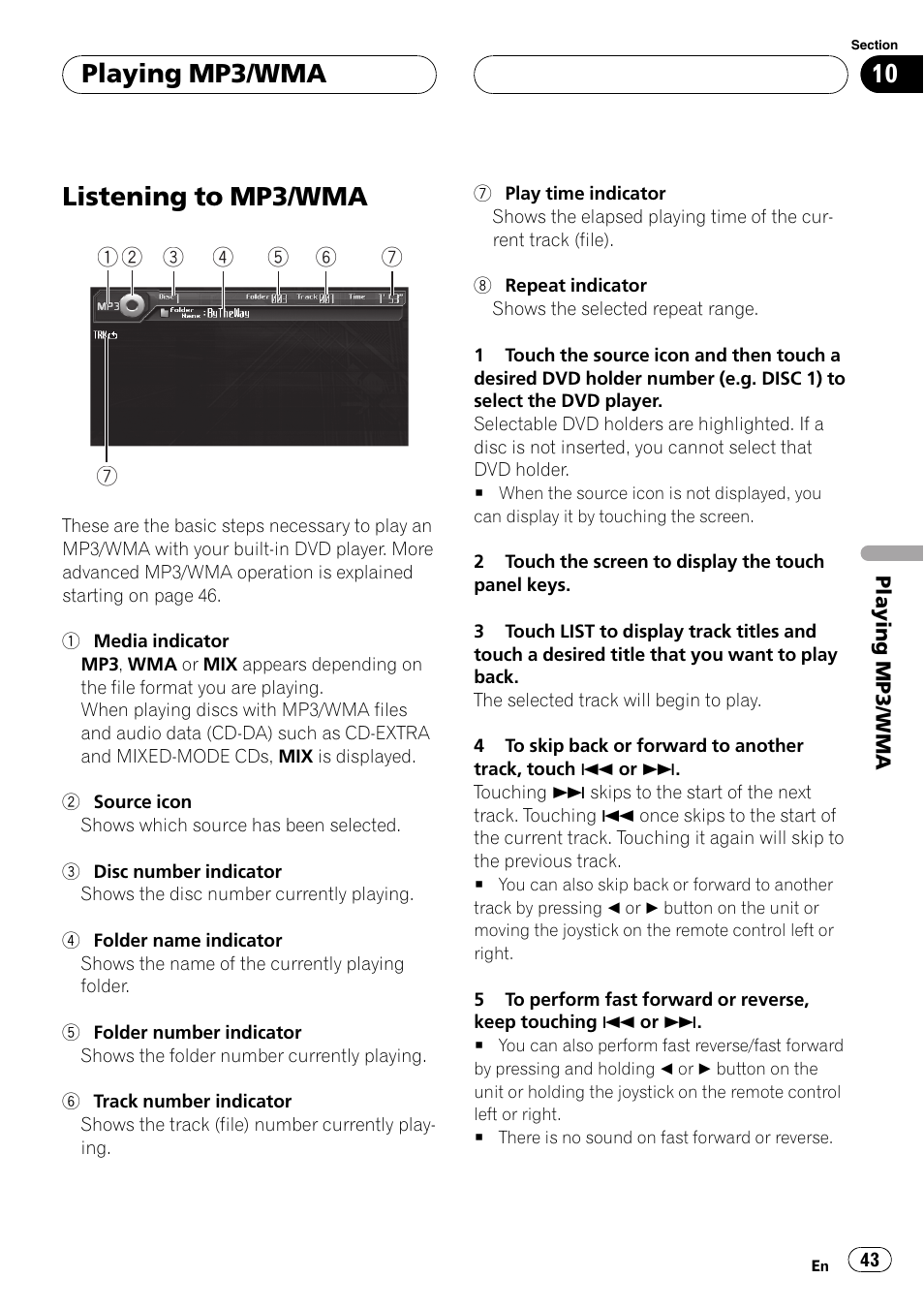 Playing mp3/wma listening to mp3/wma, Listening to mp3/wma, Playing mp3/wma | Pioneer AVH-P6800DVD User Manual | Page 43 / 133