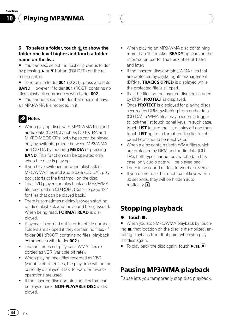 Stopping playback, Pausing mp3/wma playback, Playing mp3/wma | Pioneer AVH-P6800DVD User Manual | Page 44 / 133