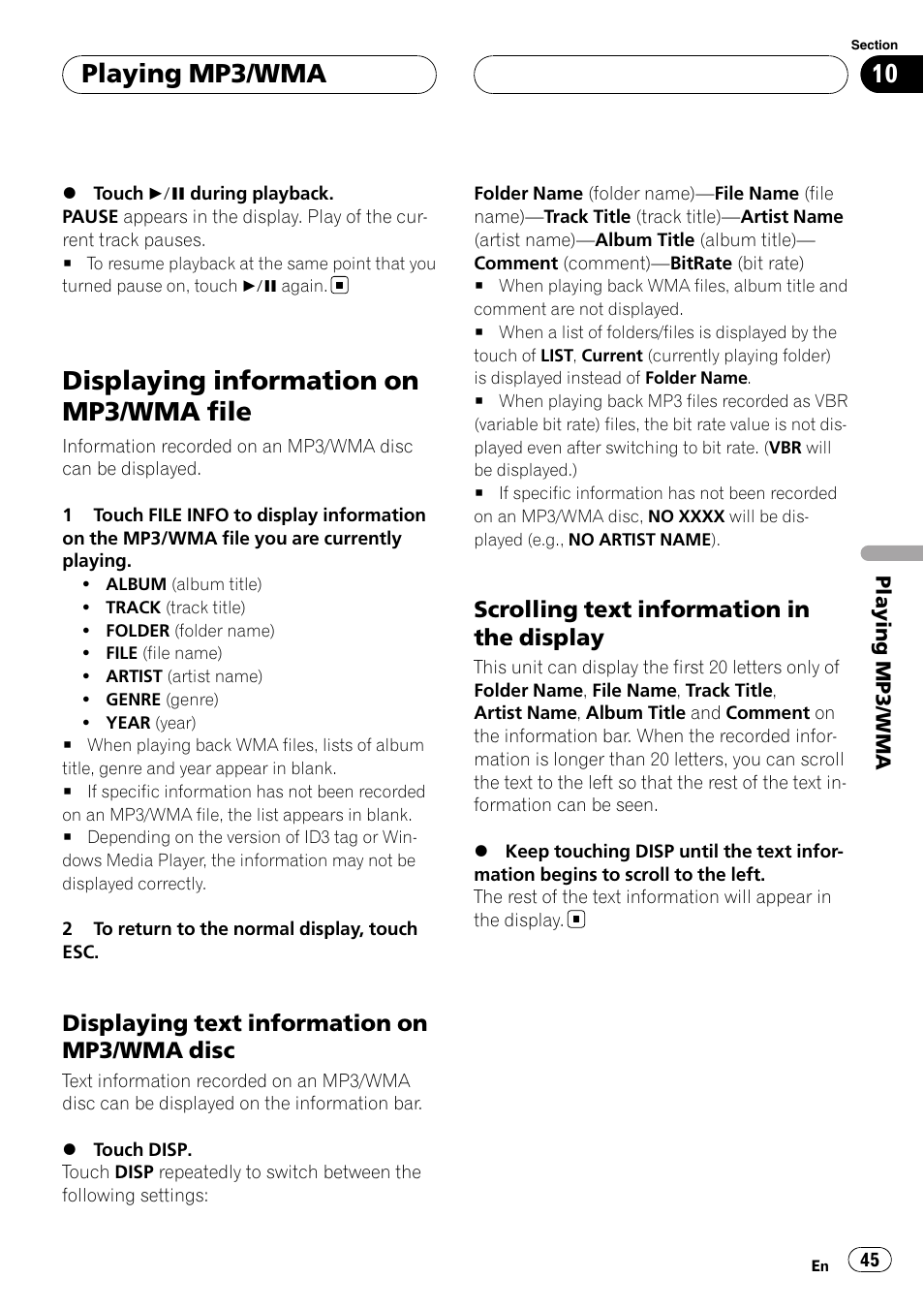 Displaying information on mp3/wma, File, Displaying information on mp3/wma file | Playing mp3/wma, Displaying text information on mp3/wma disc, Scrolling text information in the display | Pioneer AVH-P6800DVD User Manual | Page 45 / 133