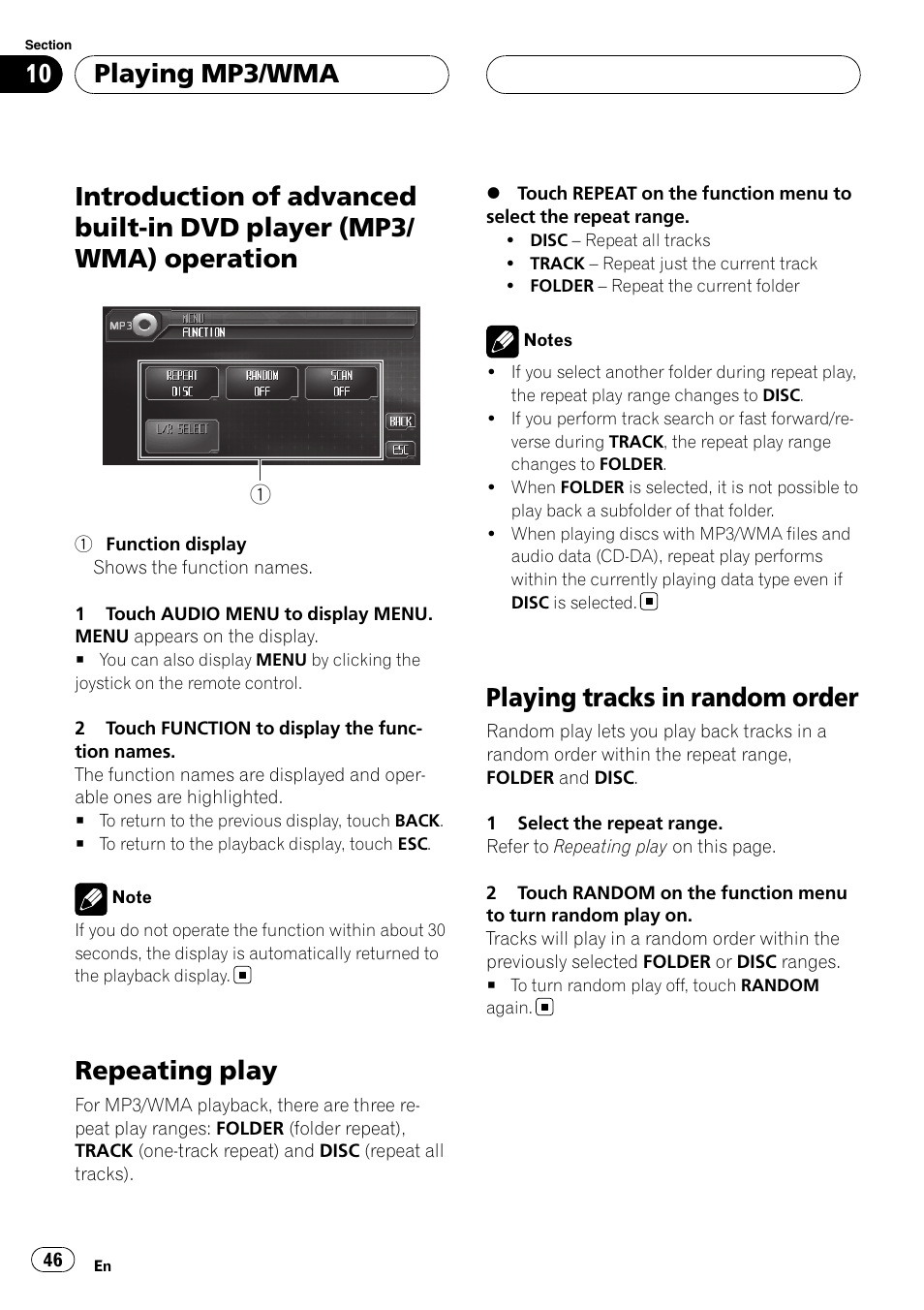 Introduction of advanced built-in dvd player, Mp3/wma) operation, Repeating play | Playing tracks in random order, Playing mp3/wma | Pioneer AVH-P6800DVD User Manual | Page 46 / 133
