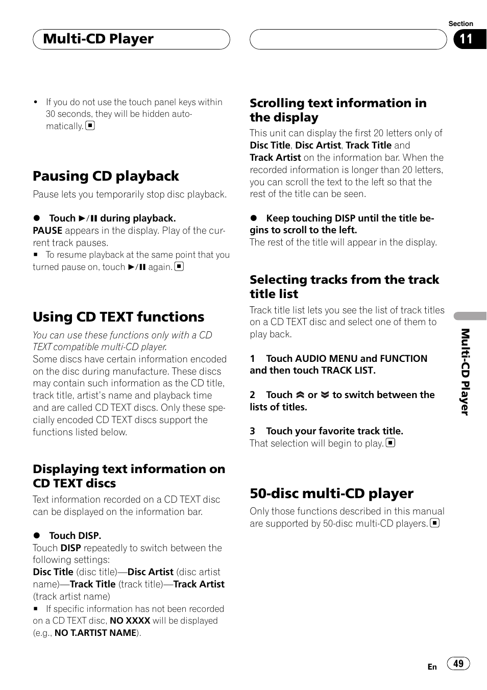 Pausing cd playback, Using cd text functions, Disc multi-cd player | Multi-cd player | Pioneer AVH-P6800DVD User Manual | Page 49 / 133
