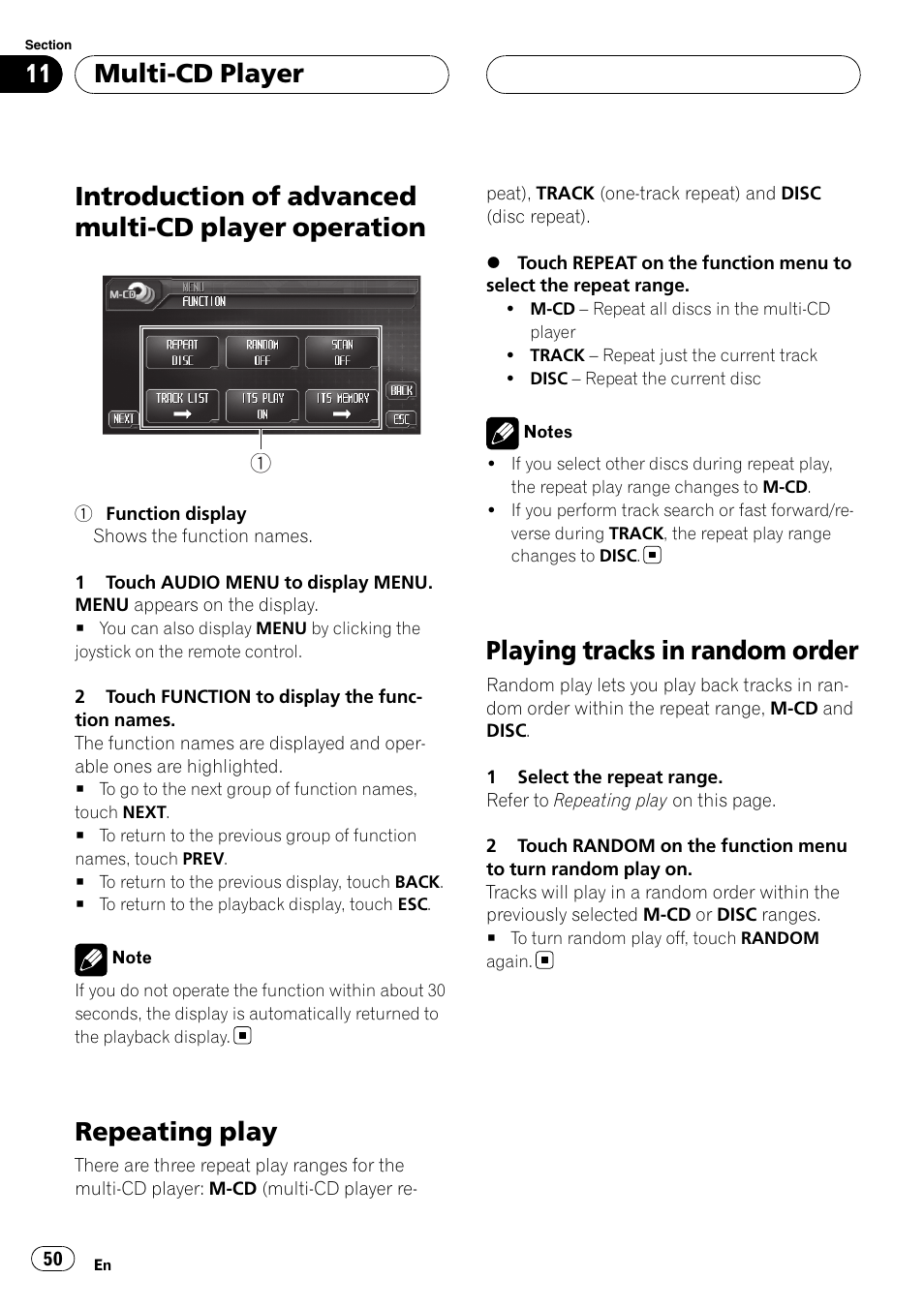 Introduction of advanced multi-cd player, Operation, Repeating play | Playing tracks in random order, Introduction of advanced multi-cd player operation, Multi-cd player | Pioneer AVH-P6800DVD User Manual | Page 50 / 133