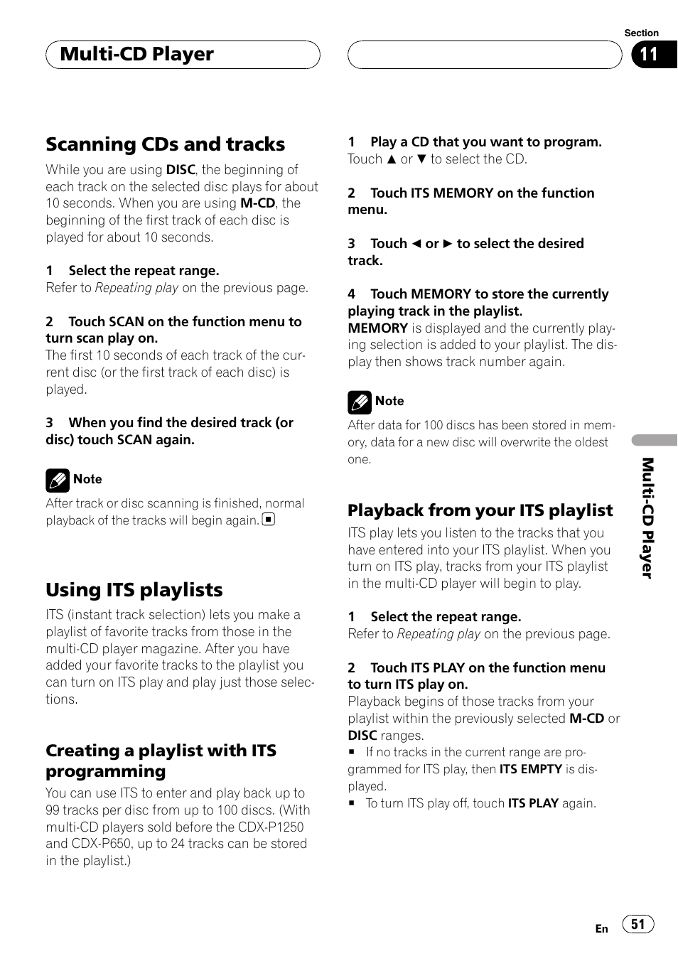 Scanning cds and tracks, Using its playlists, Multi-cd player | Creating a playlist with its programming, Playback from your its playlist | Pioneer AVH-P6800DVD User Manual | Page 51 / 133