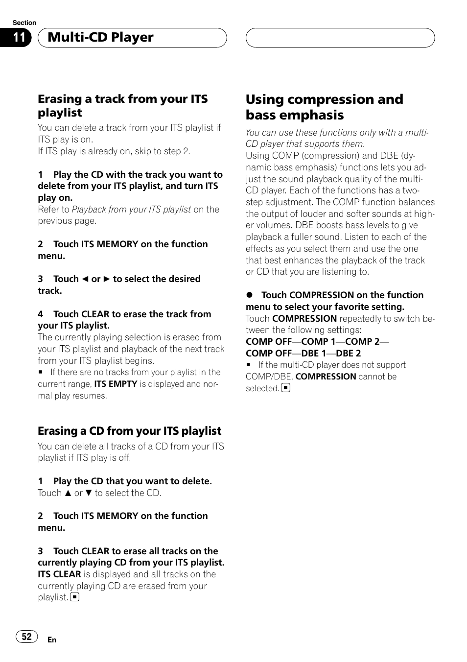 Using compression and bass emphasis, Multi-cd player, Erasing a track from your its playlist | Erasing a cd from your its playlist | Pioneer AVH-P6800DVD User Manual | Page 52 / 133