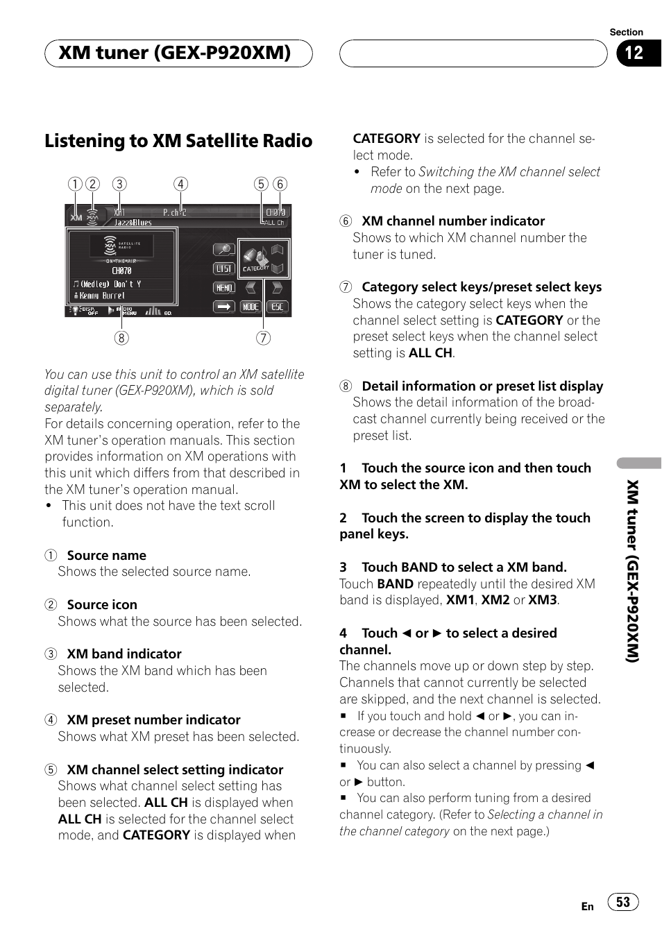 Listening to xm satellite radio, Xm tuner (gex-p920xm) | Pioneer AVH-P6800DVD User Manual | Page 53 / 133