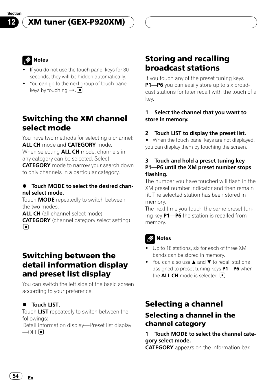 Switching the xm channel select mode, Switching between the detail information, Display and preset list display | Storing and recalling broadcast stations, Selecting a channel, Xm tuner (gex-p920xm), Selecting a channel in the channel category | Pioneer AVH-P6800DVD User Manual | Page 54 / 133