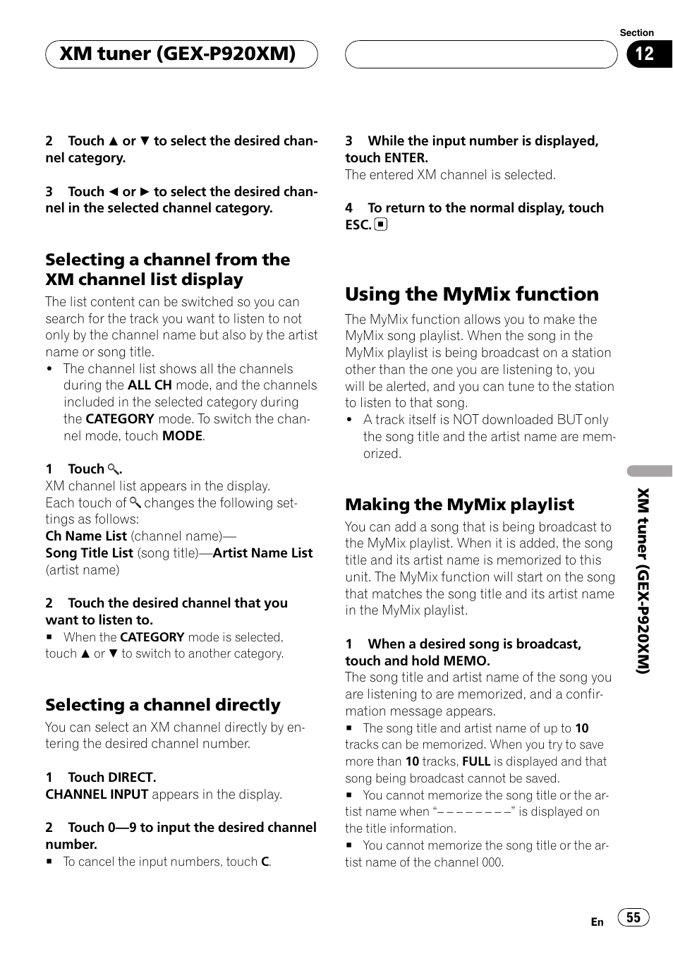 Using the mymix function, Xm tuner (gex-p920xm), Selecting a channel directly | Making the mymix playlist | Pioneer AVH-P6800DVD User Manual | Page 55 / 133